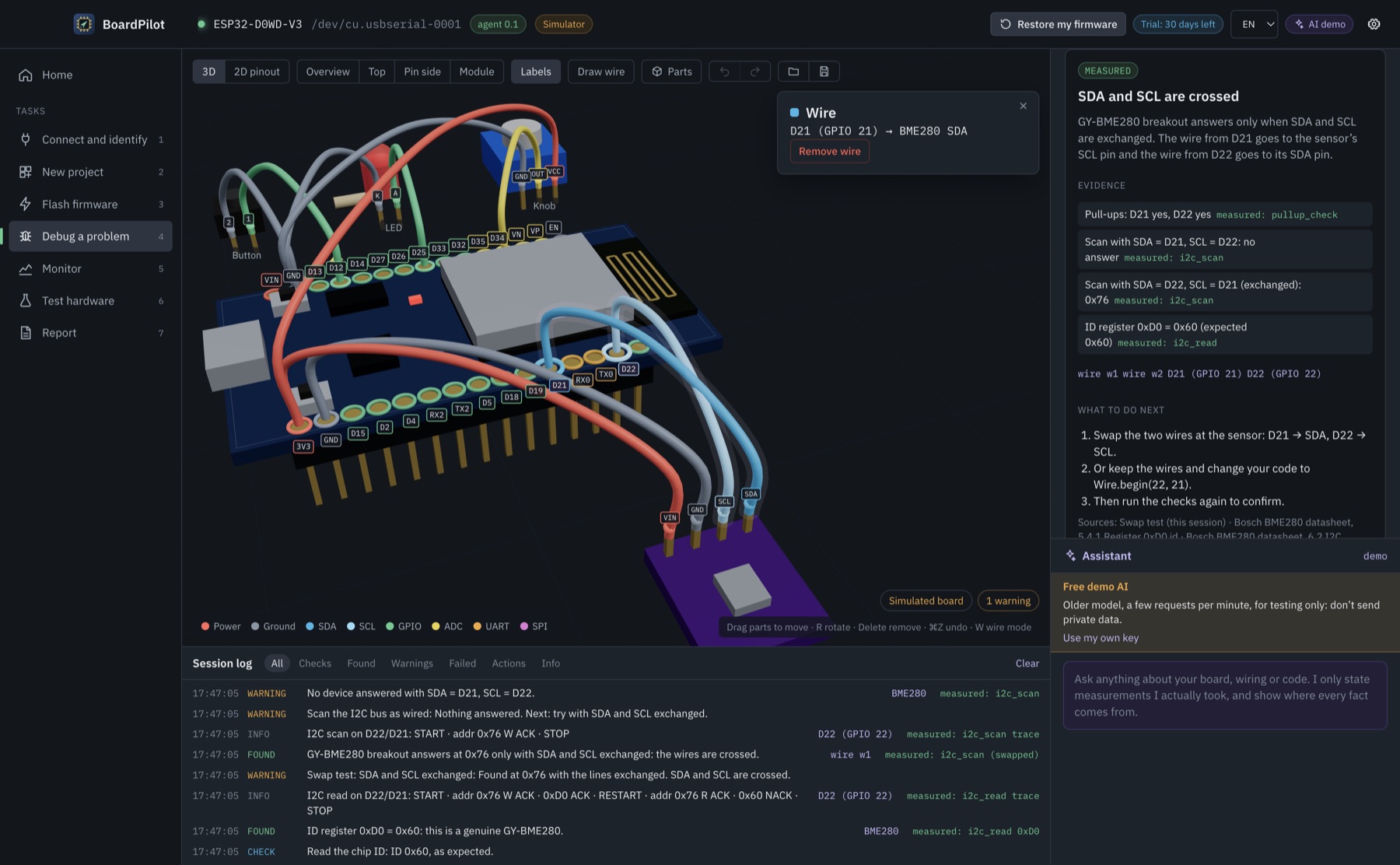 BoardPilot finds crossed SDA and SCL wires on a BME280 sensor
